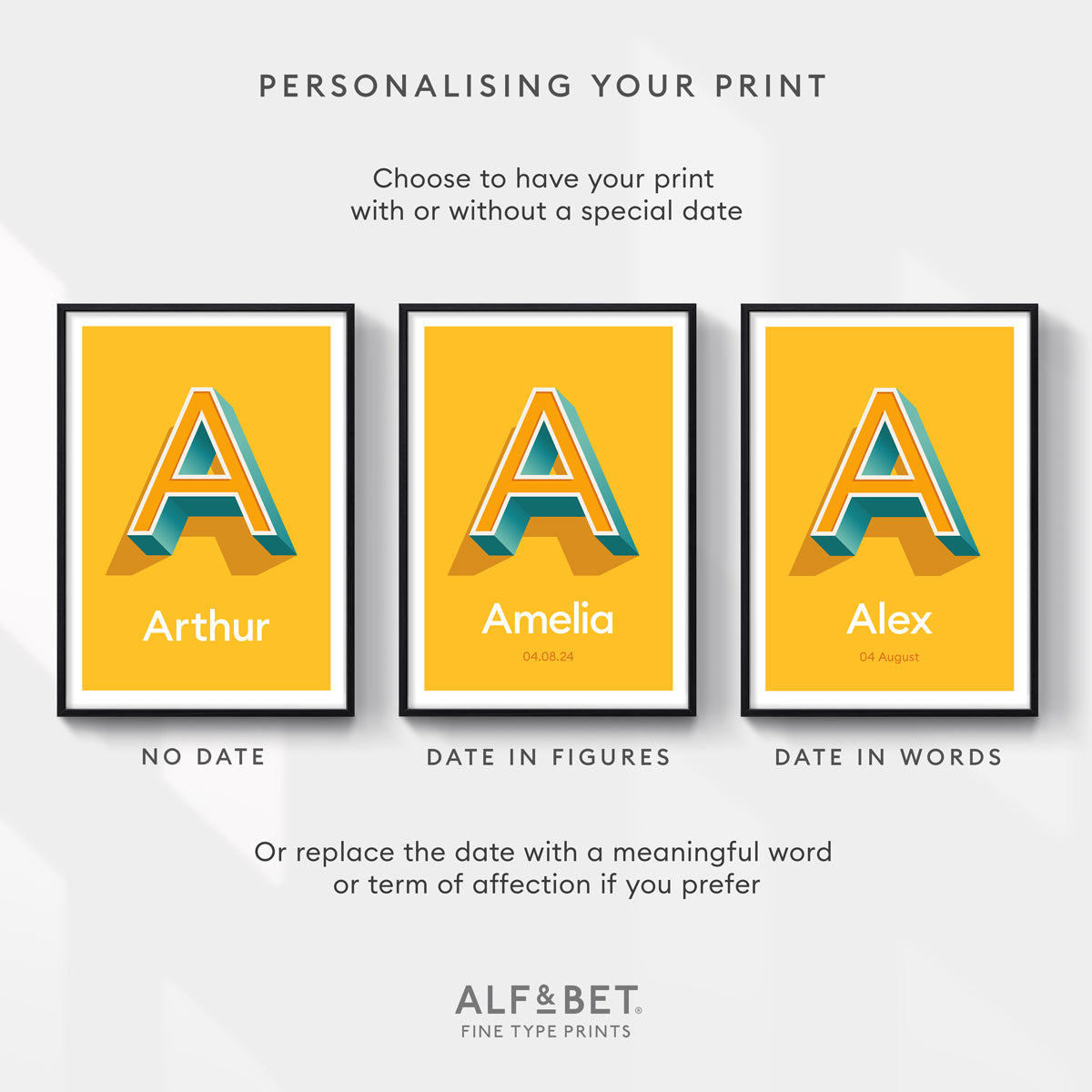 Yellow Personalised Name Prints from Alf and Bet can be created with or without a birthday or special date