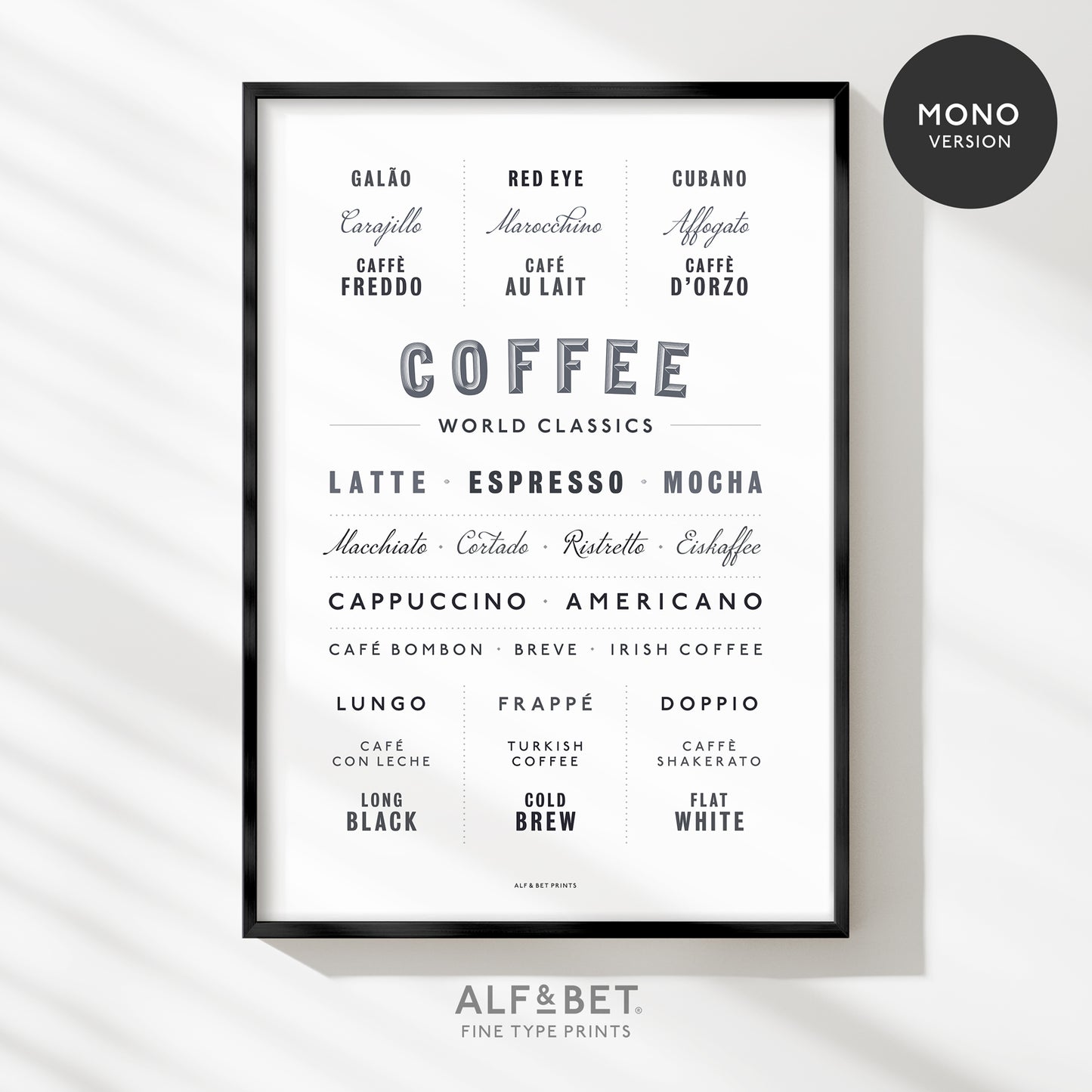 Coffee lovers print from Alf and Bet in monochrome