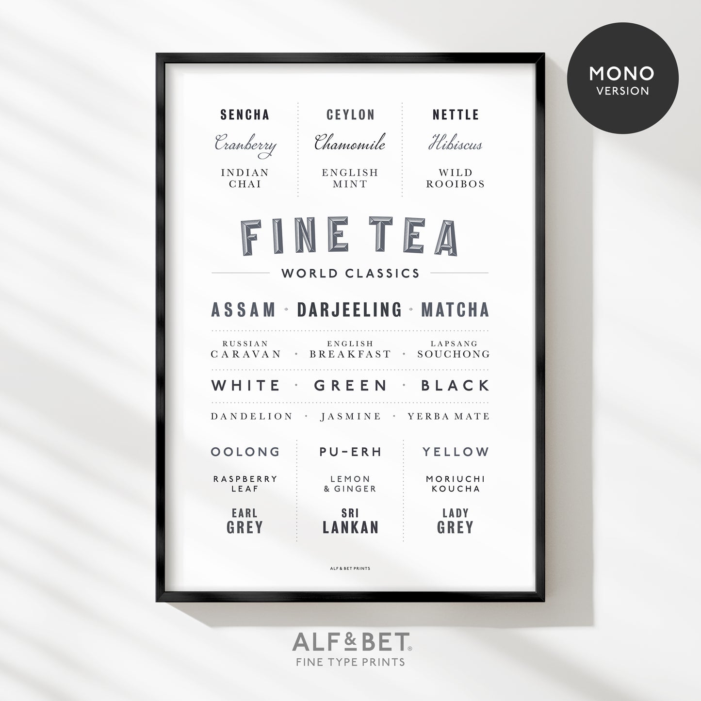 Fine Tea print from Alf and Bet in monochrome