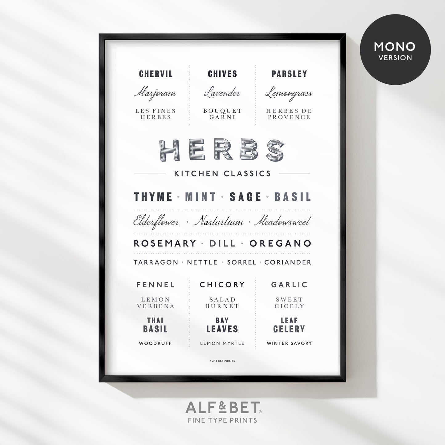 Kitchen Classics - Herbs Print in monochrome from Alf and Bet