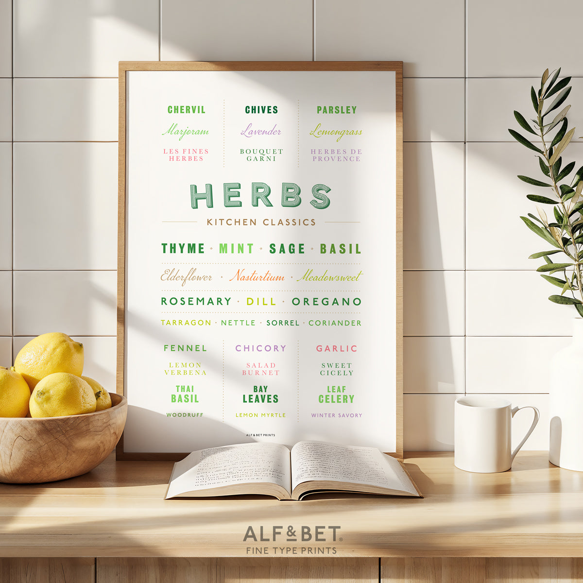 Kitchen Classics - Herbs Print in colour from Alf and Bet framed on a kitchen worktop