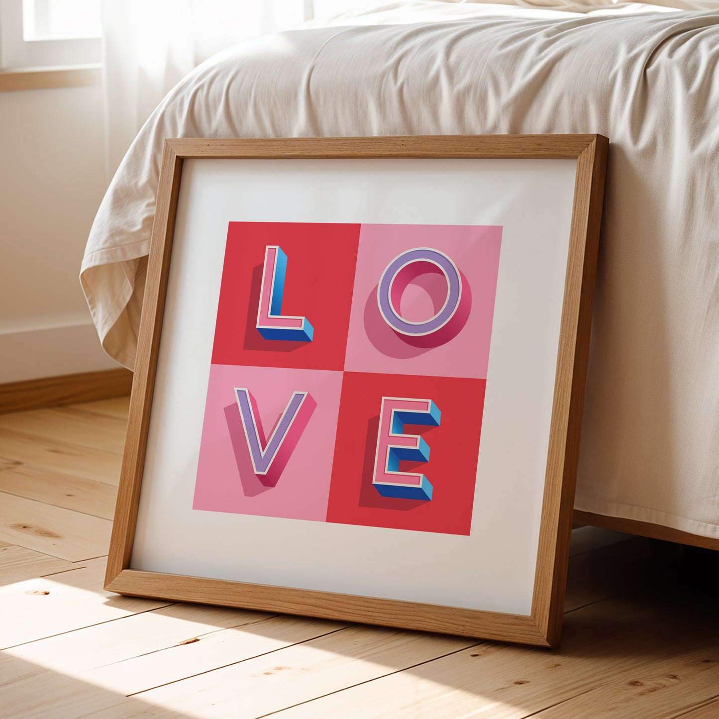 A typographic LOVE Print in Pink and Red check made with love by Alf and Bet displayed in a bedroom