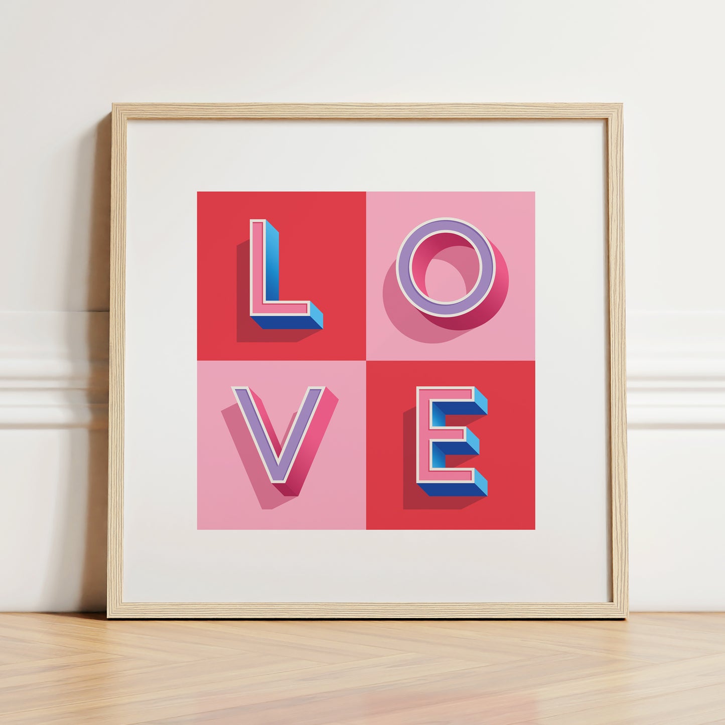 A typographic LOVE Print in Red and Pink Check made with love by Alf and Bet