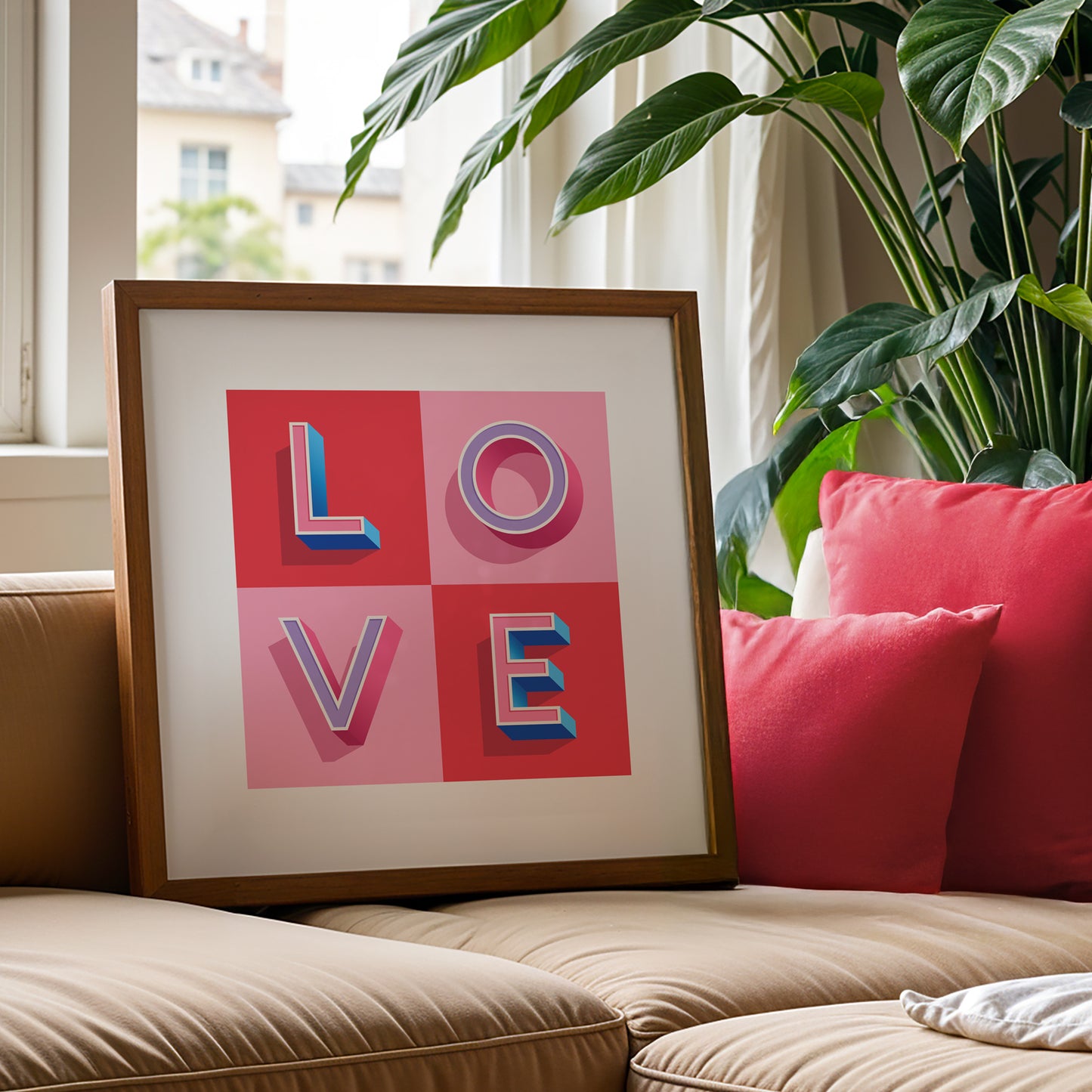 A typographic LOVE Print in Pink and Red check from Alf and Bet displayed in a lounge