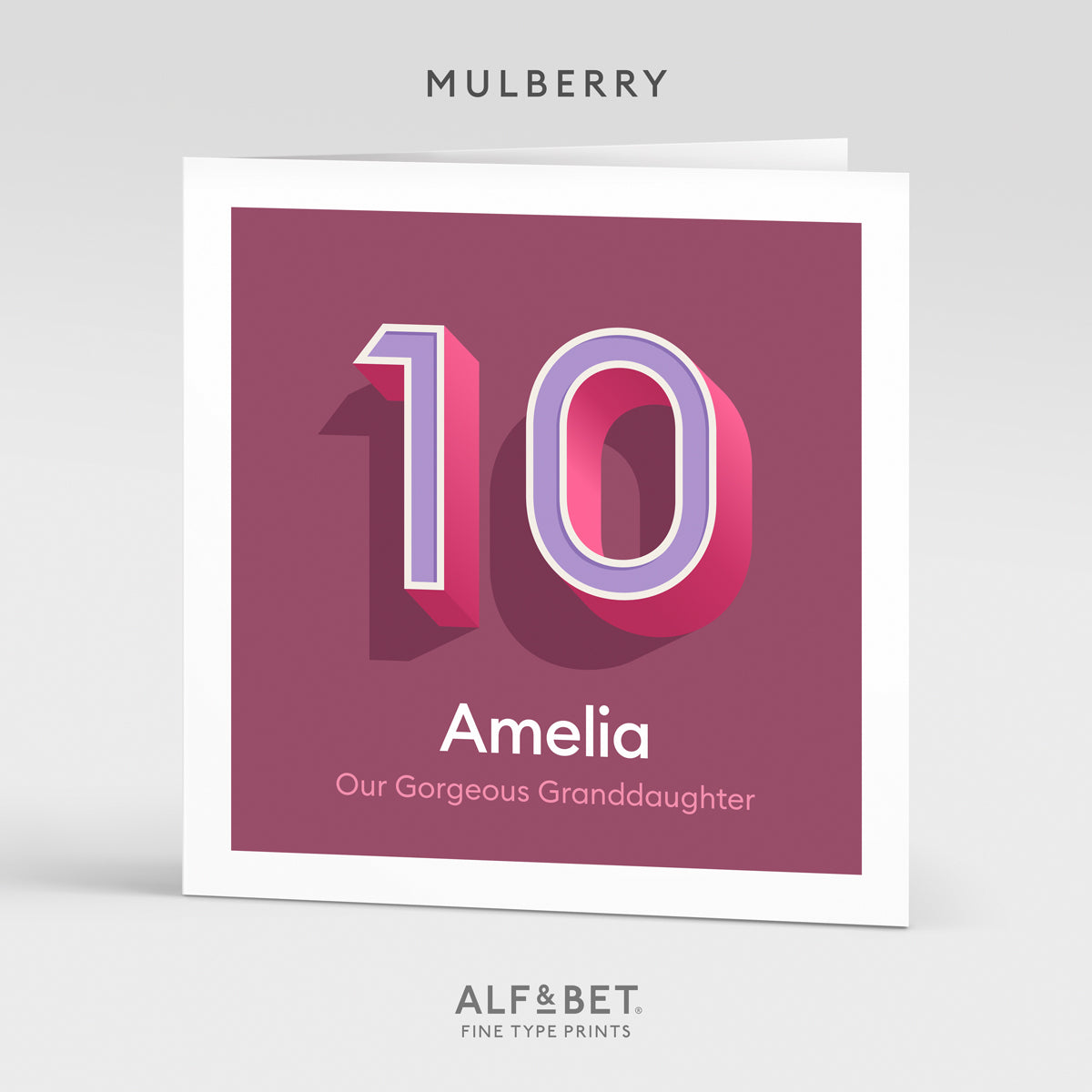 A mulberry personalised 10th birthday card from Alf and Bet.