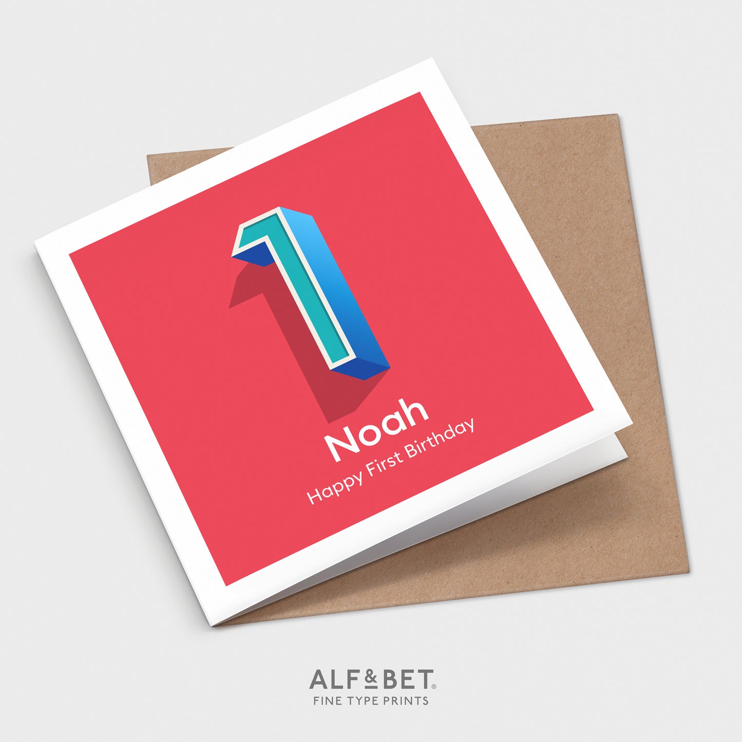 A red personalised 1st birthday card from Alf and Bet.