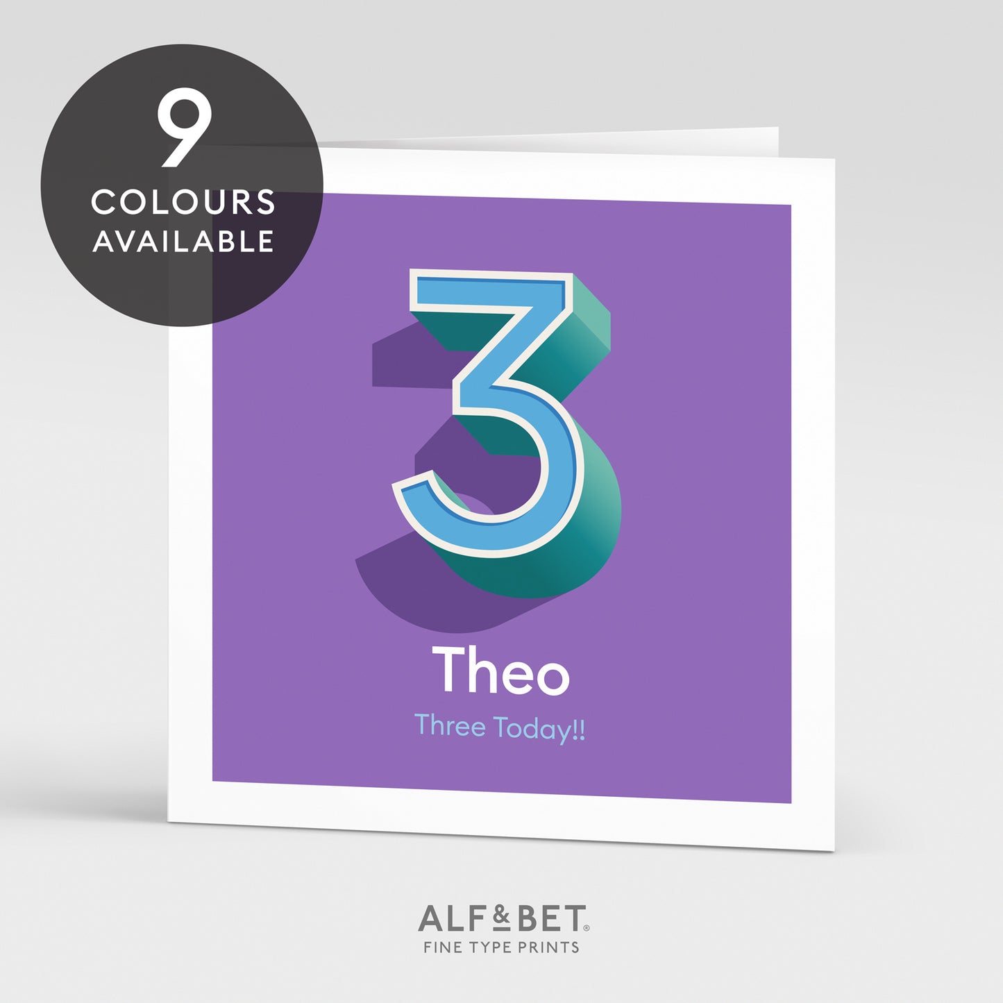 A colourful Personalised 3rd Birthday Card from Alf and Bet.