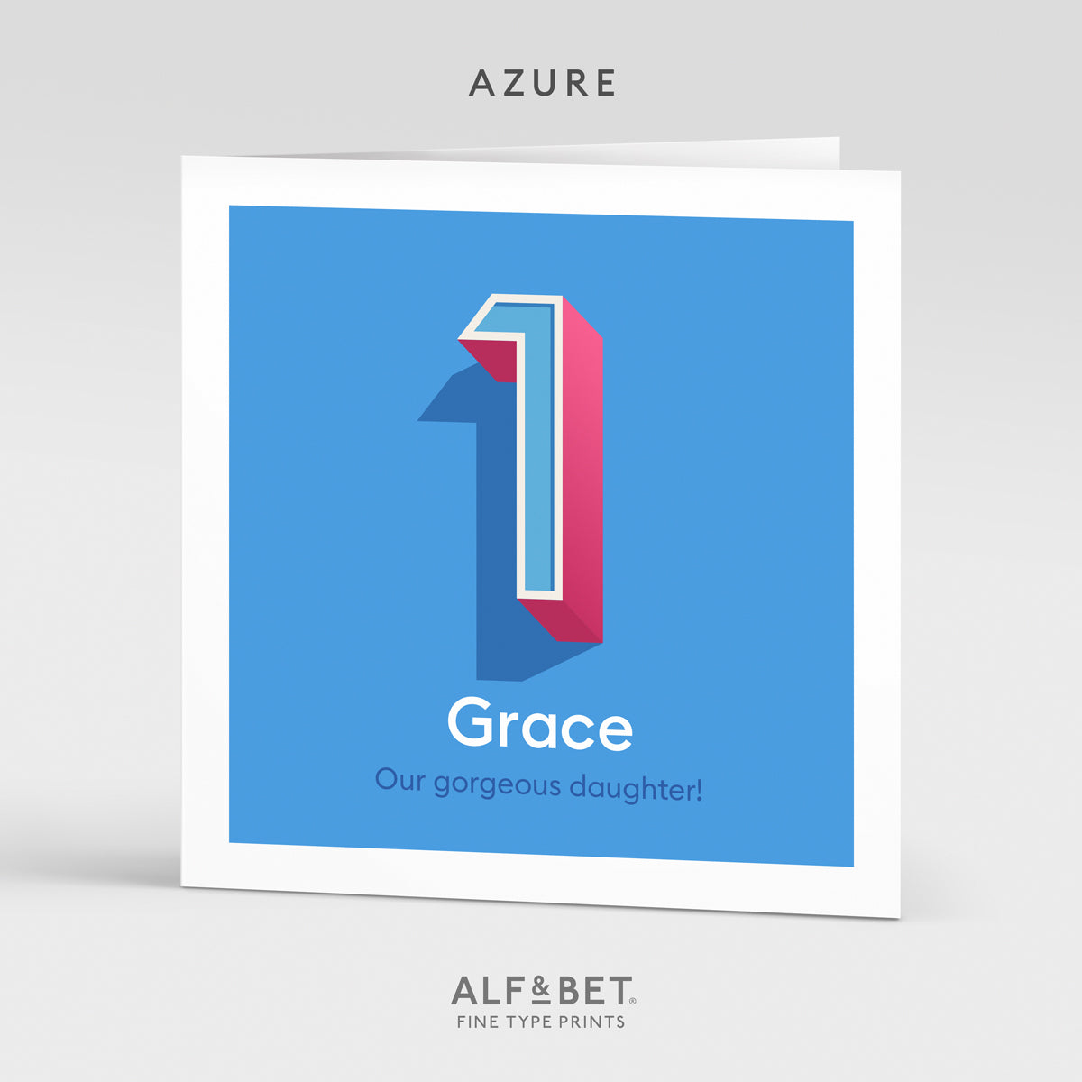 A blue personalised first birthday card from Alf and Bet.