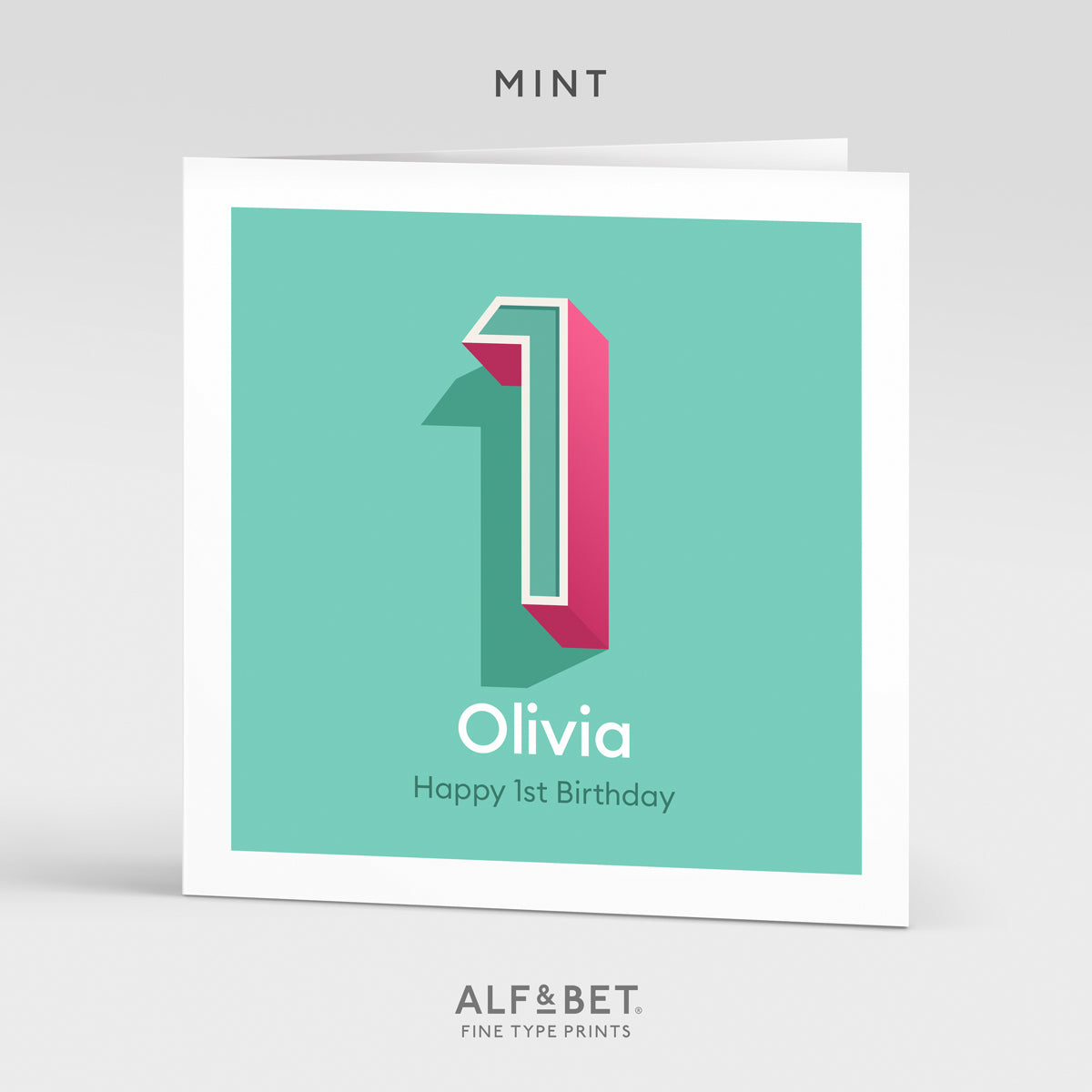 A mint personalised first birthday card from Alf and Bet.
