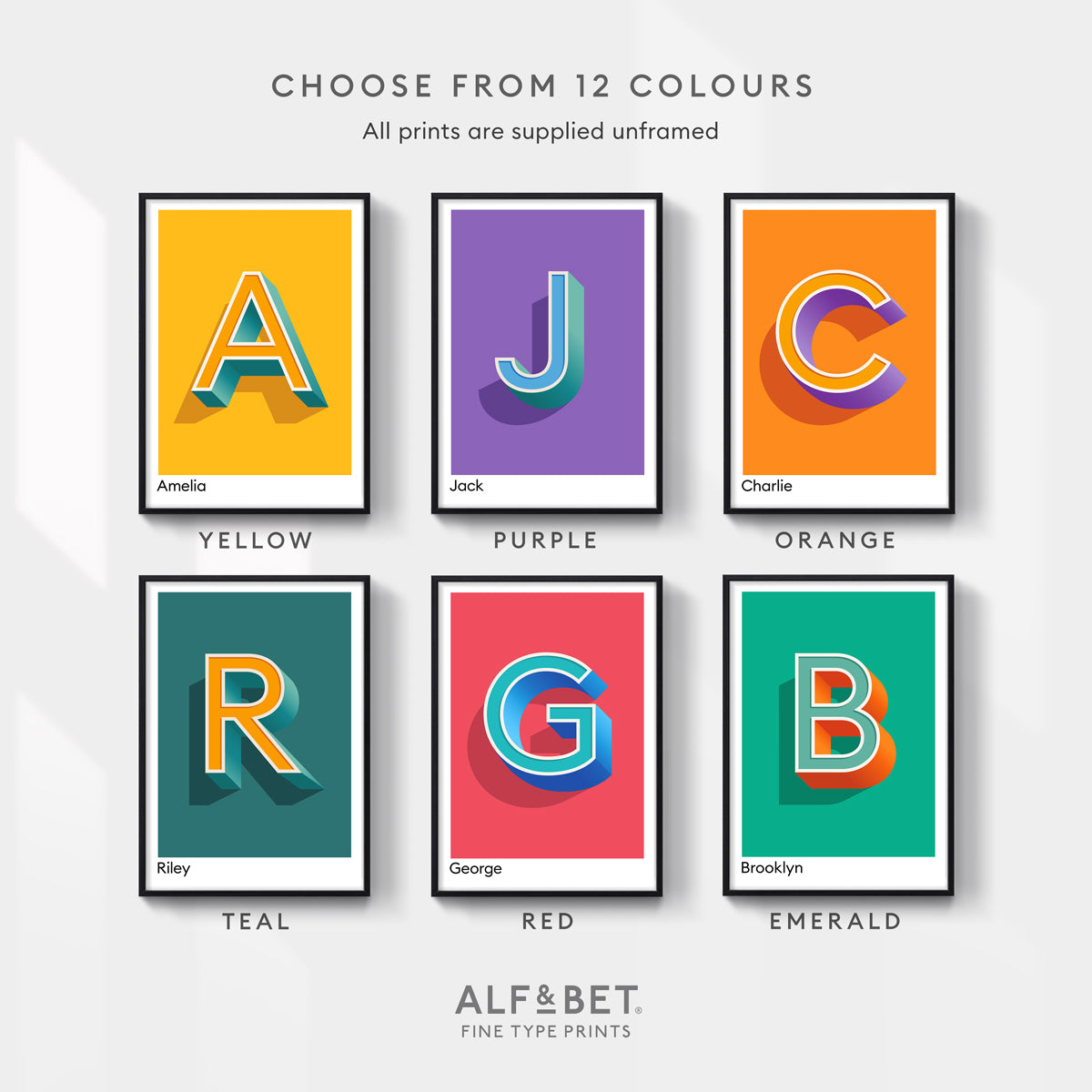 Personalised Name and Letter Prints from Alf and Bet in 12 colours