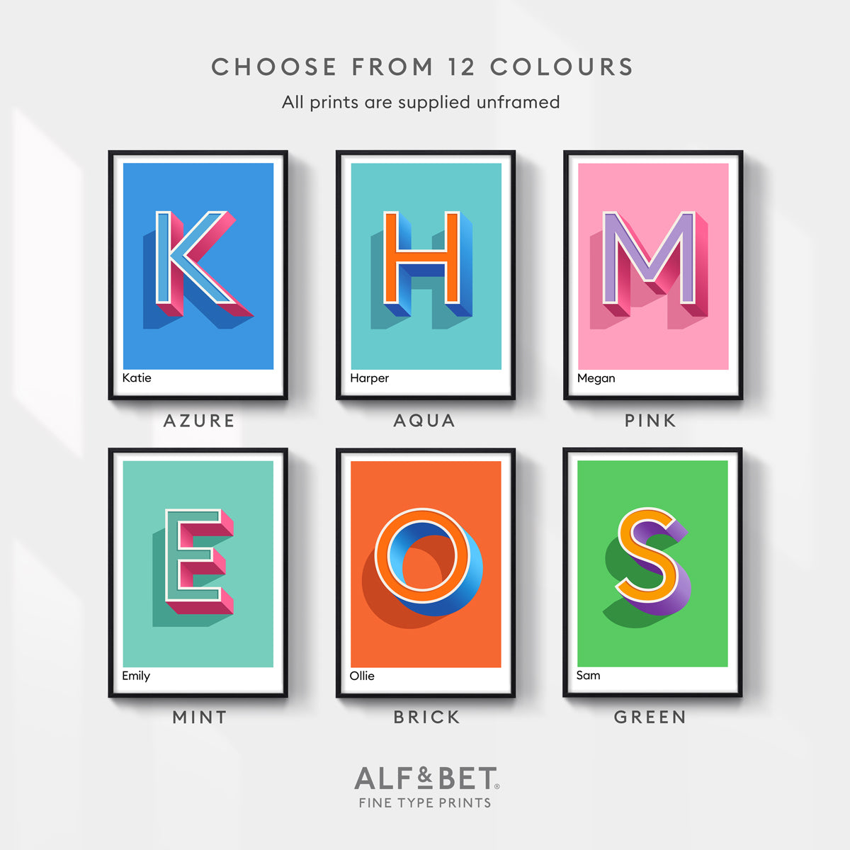 Personalised Name and Letter Prints from Alf and Bet in 12 colours