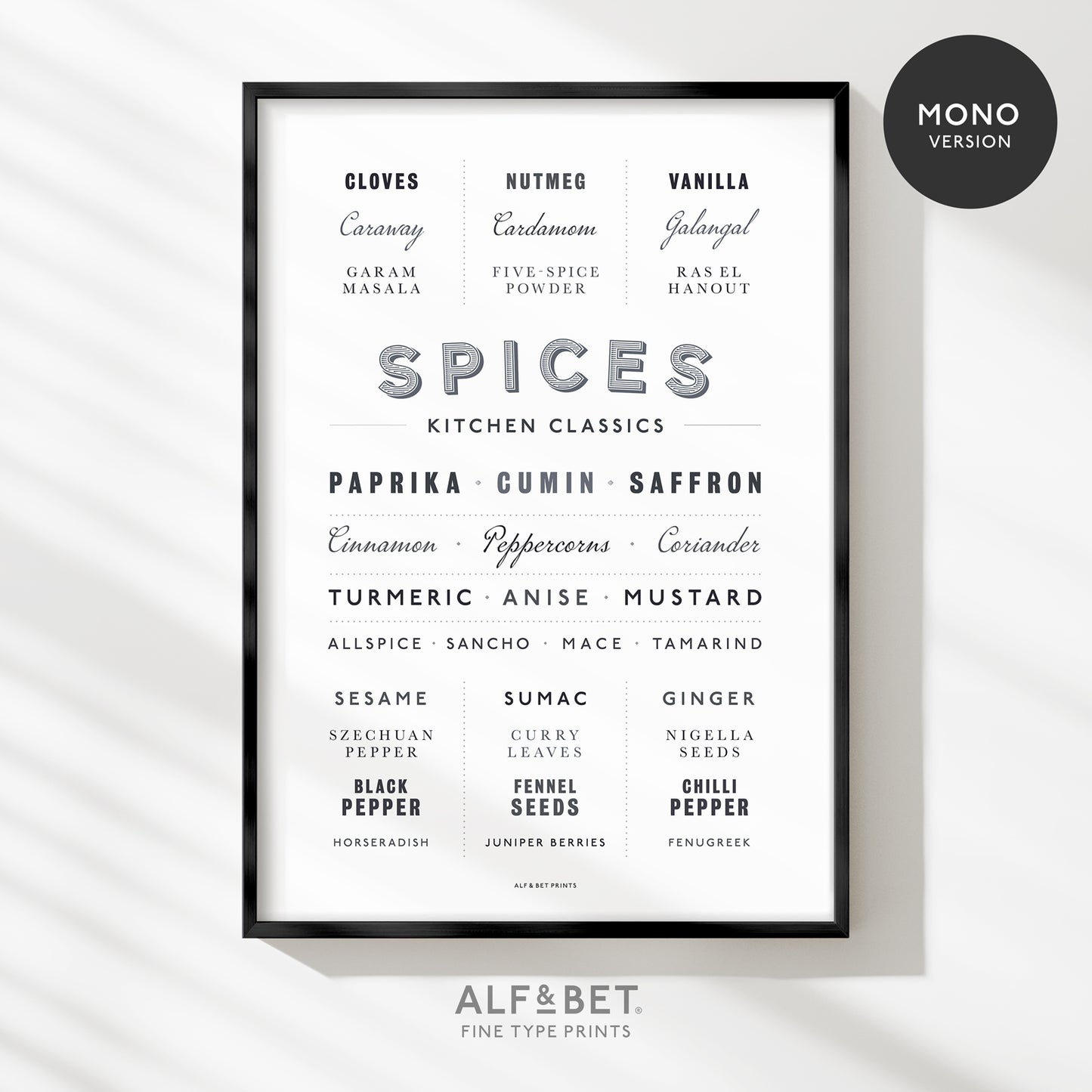 Kitchen Classics - Spices Print in monochrome from Alf and Bet
