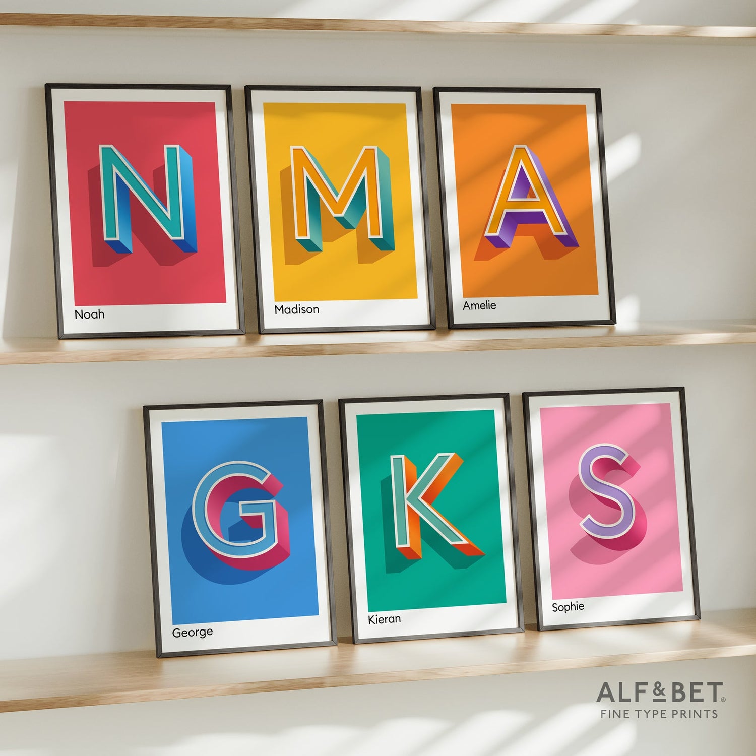 Our custom alphabet name letter prints make the perfect gift for family and friends and any special occasion. All designs from Alf & Bet Prints are available in 12 bold colours and 8 print sizes. This image shows a K letter print in Orange.