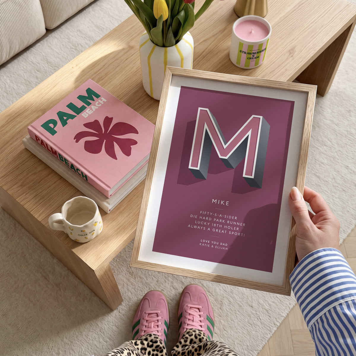 A personalised special occasion print from Alf and Bet in Mulberry shown in a natural frame