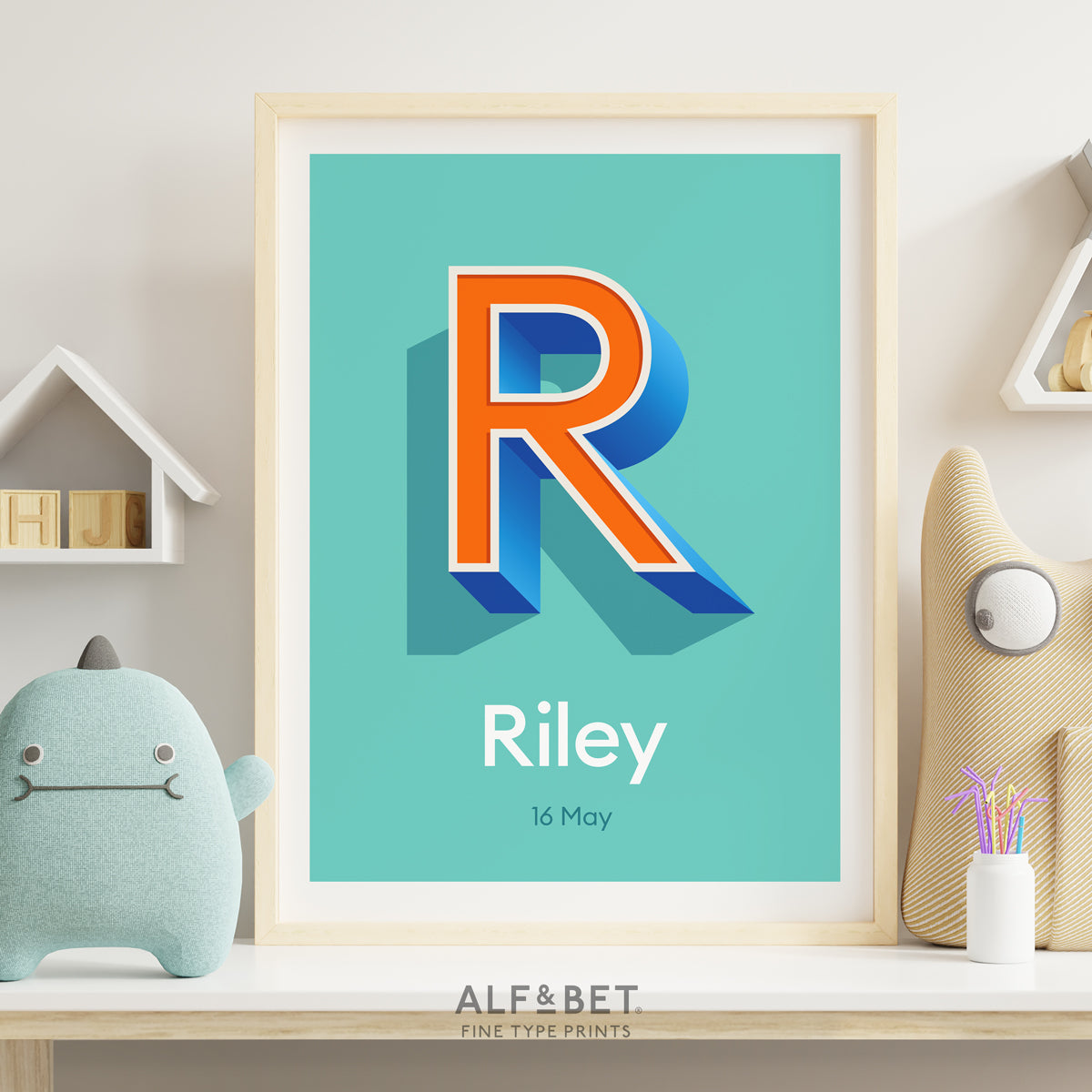 Personalised Name Print with Date in Aqua Blue from Alf and Bet