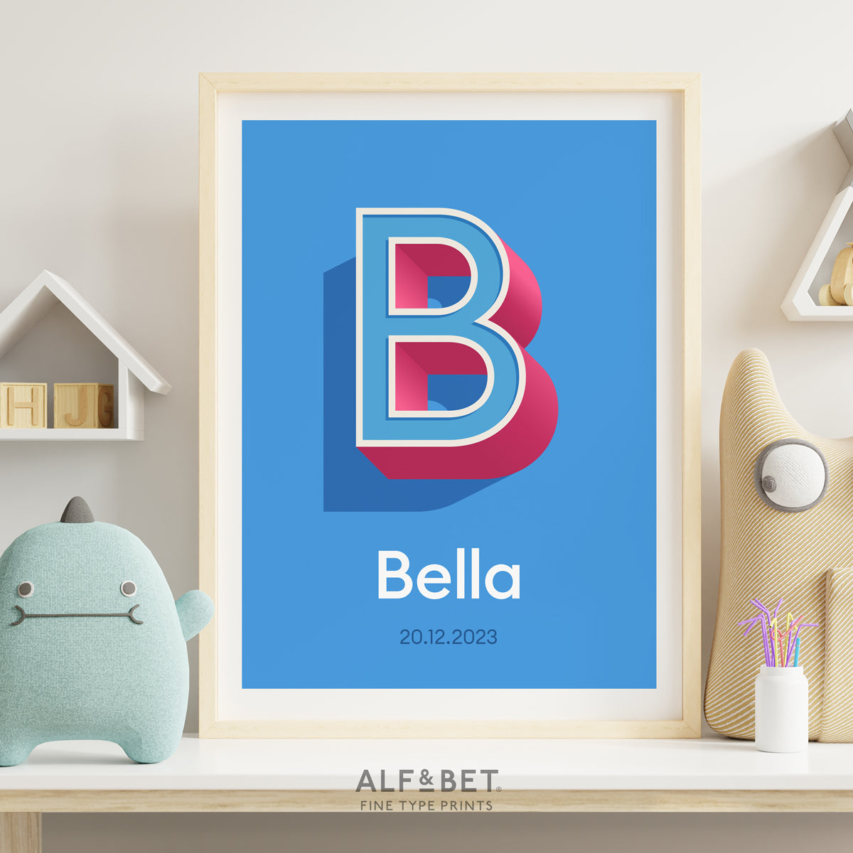 An Azure Blue Personalised Name Print with Date from Alf and Bet