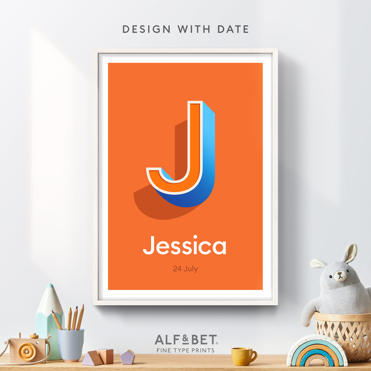 A Brick Orange Personalised Name Print with Date from Alf and Bet