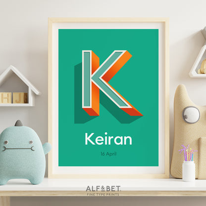 An Emerald Green Personalised Name Print with Date from Alf and Bet Prints