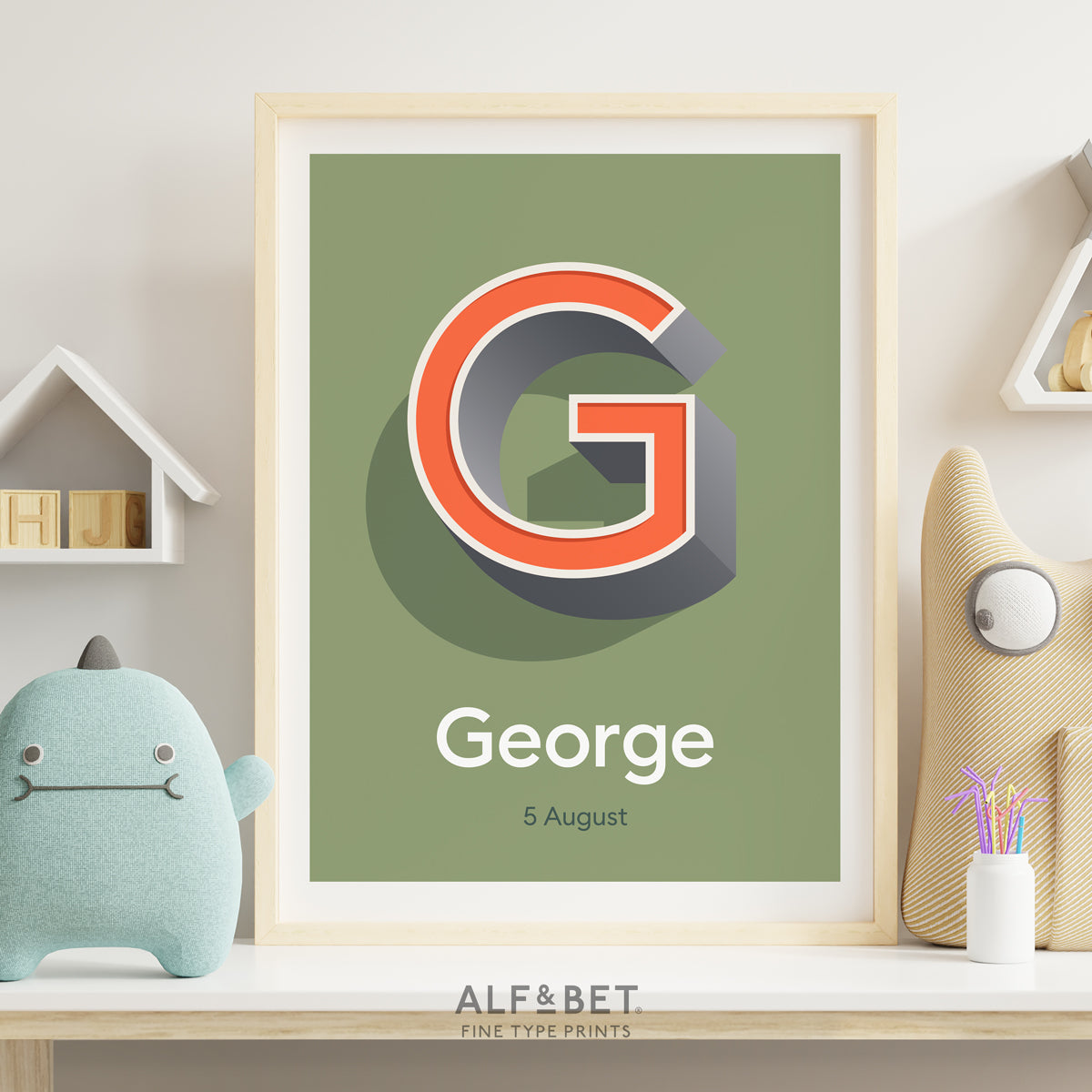 A Khaki Green Personalised Name Print with Date from Alf and Bet