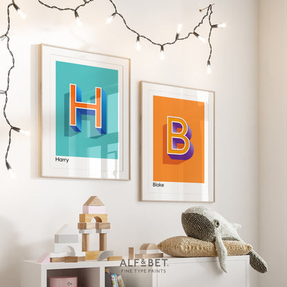 Orange Personalised Name and Letter Print and Aqua print