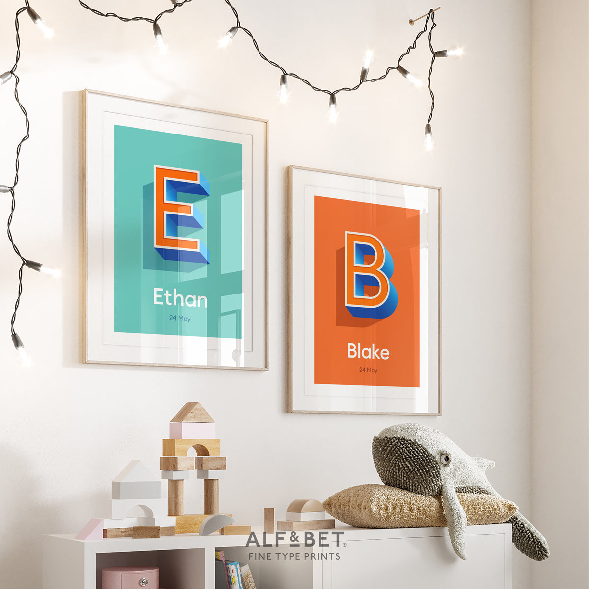 Aqua Blue Personalised Name Print with Date and Brick Orange Print from Alf and Bet