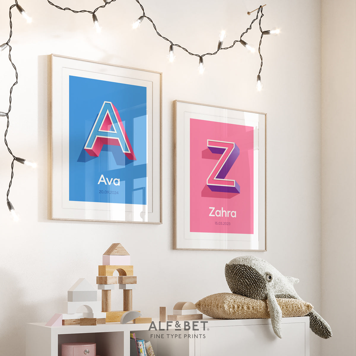 Azure Blue Personalised Name Print with Date and Candy Pink Print from Alf and Bet