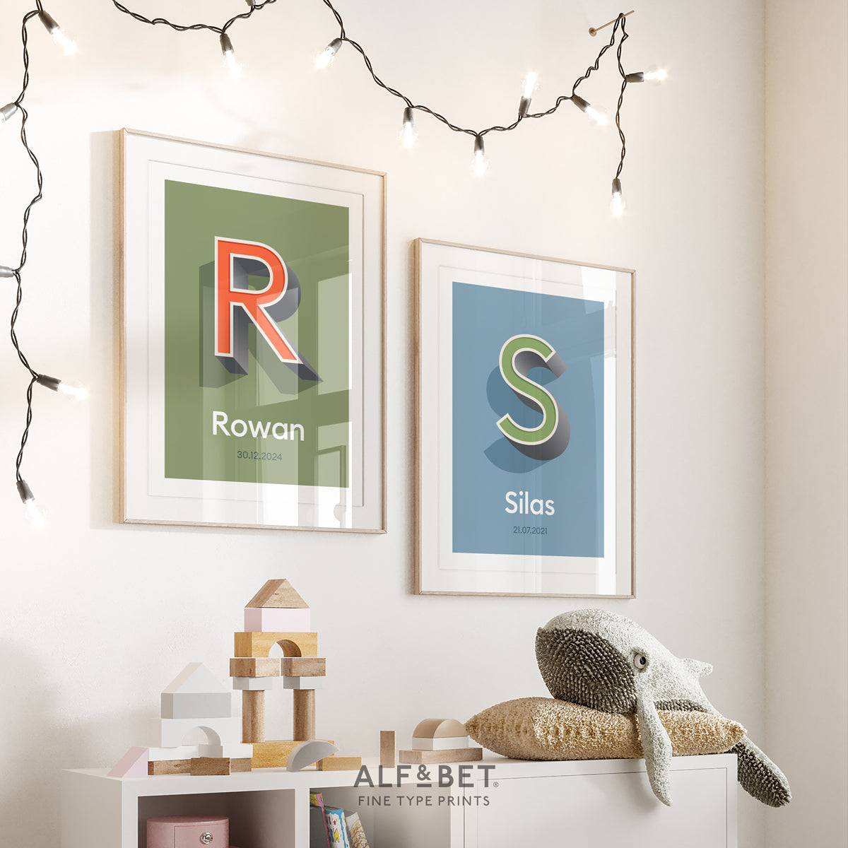 Khaki Green Personalised Name Print with Date and Sky Blue Print from Alf and Bet