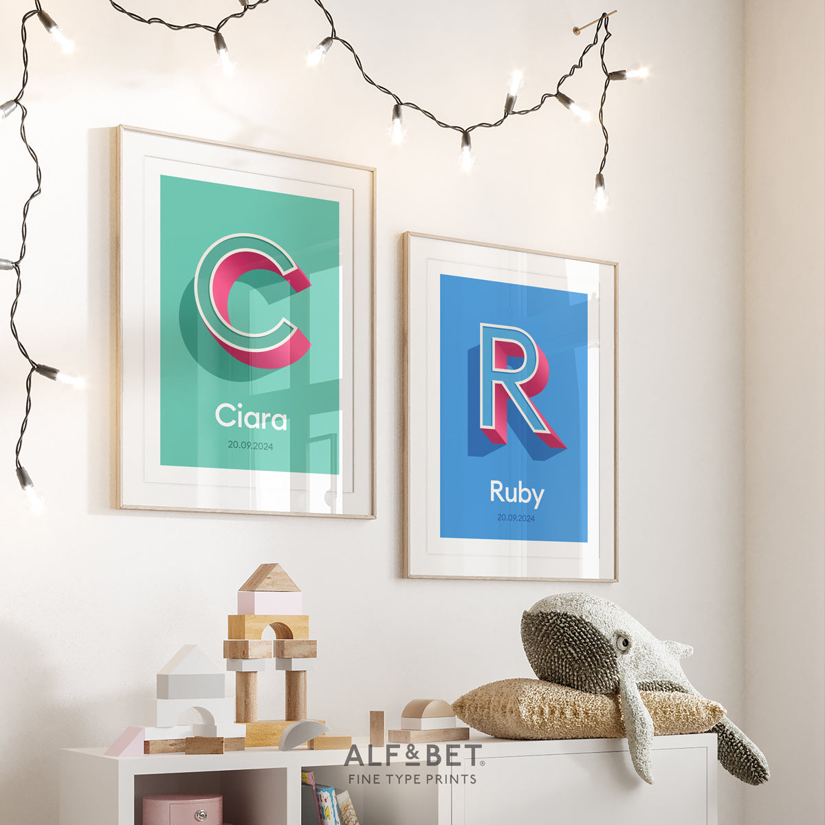 Mint Green Personalised Name Print with Date and Azure Blue Print from Alf and Bet