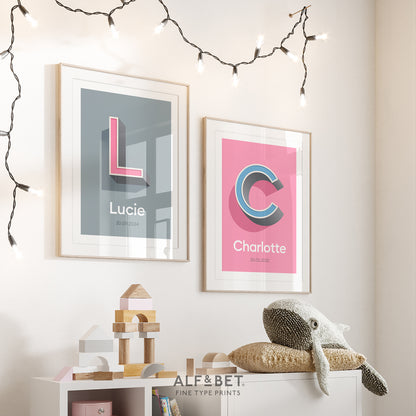 Personalised Name Print with Date in Pebble Grey and a print in Pink from Alf and Bet