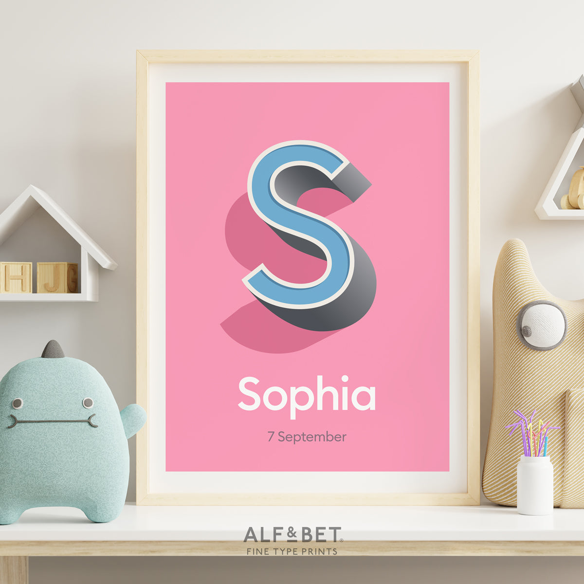 Personalised Name Print with Date in Pink from Alf and Bet Prints