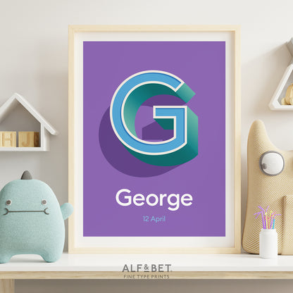 A Purple Personalised Name Print with Date from Alf and Bet