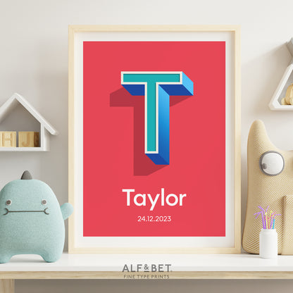 A Red Personalised Name Print with Date from Alf and Bet