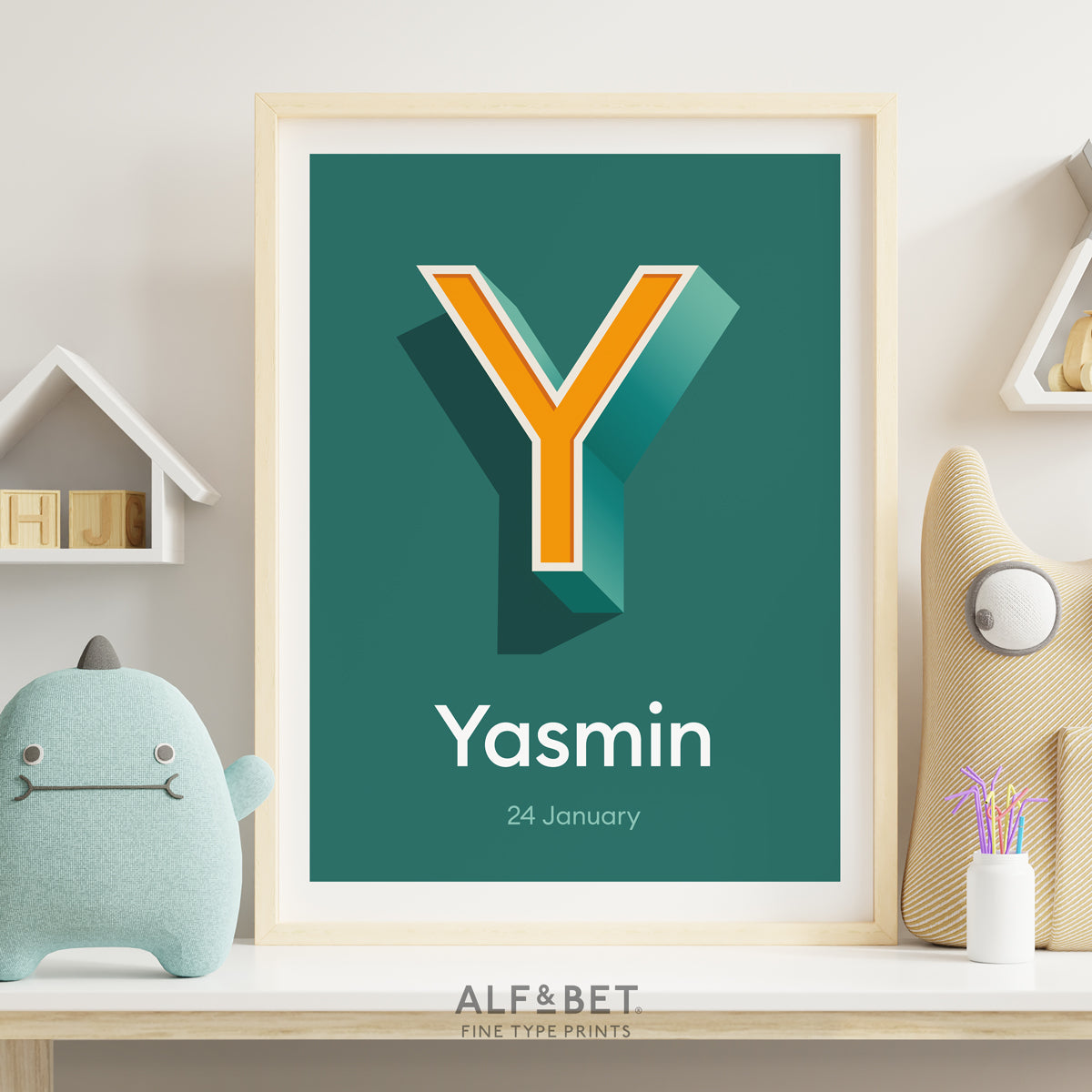 A Teal Green Personalised Name Print with Date from Alf and Bet