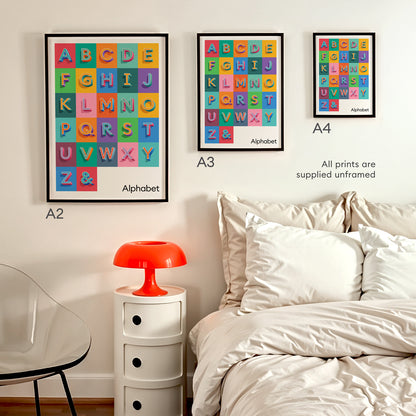 Our Alphabet Prints come in a range of standard easy to frame sizes. This image shows an A2, A3 and A4 print from Alf and Bet