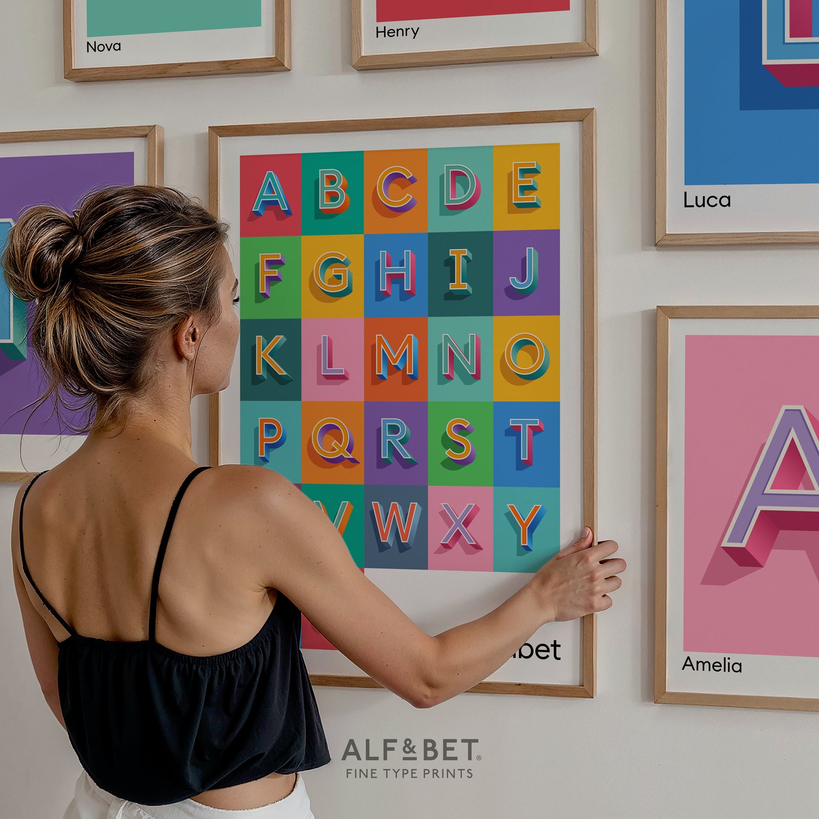 Alphabet Prints from Alf and Bet make a bold centrepiece for a home wall art gallery or nursery wall display - easy to combine with our range of Personalised Letter Prints