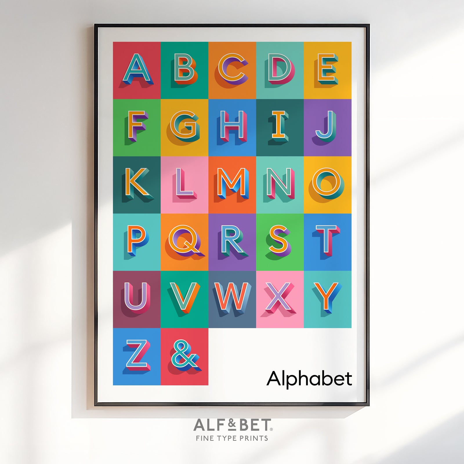 A bright and colourful A to Z Alphabet Print from Alf and Bet - perfect for a child’s Nursery, Bedroom or Playroom
