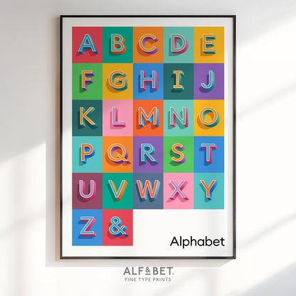 A bright and colourful A to Z Alphabet Print from Alf and Bet - perfect for a child’s Nursery, Bedroom or Playroom