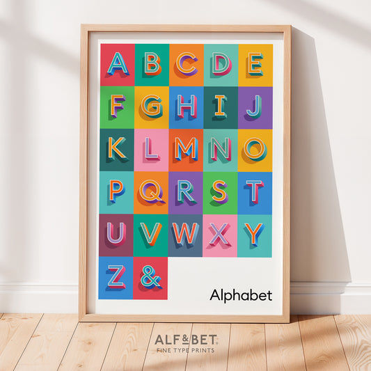 A bright and colourful A to Z Alphabet Print from Alf and Bet - perfect for a child’s Nursery, Bedroom or Playroom