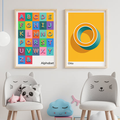 An A2 Alphabet Print from Alf and Bet shown with a Personalised Yellow Letter Print in a child’s nursery