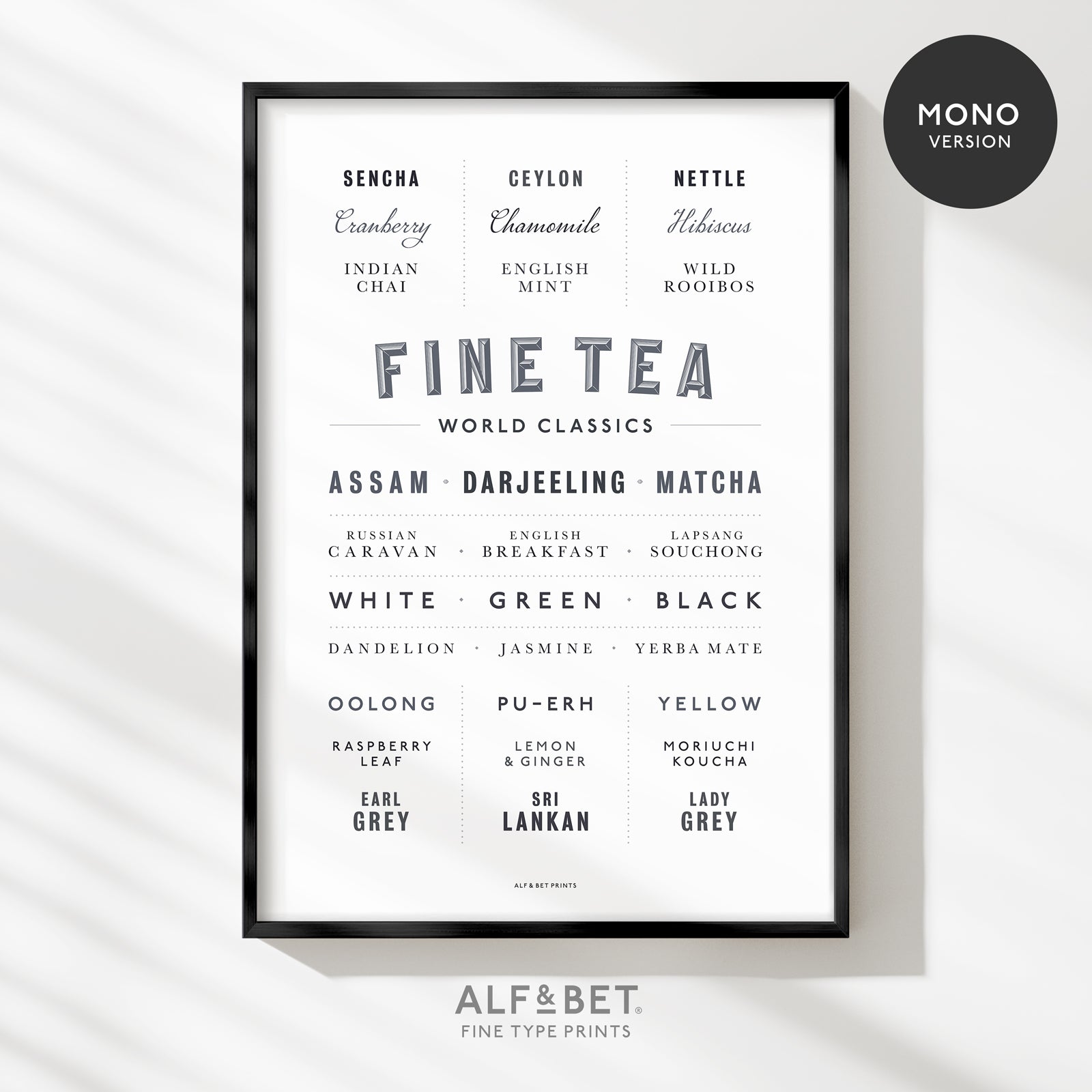 Fine Tea print from Alf and Bet in monochrome