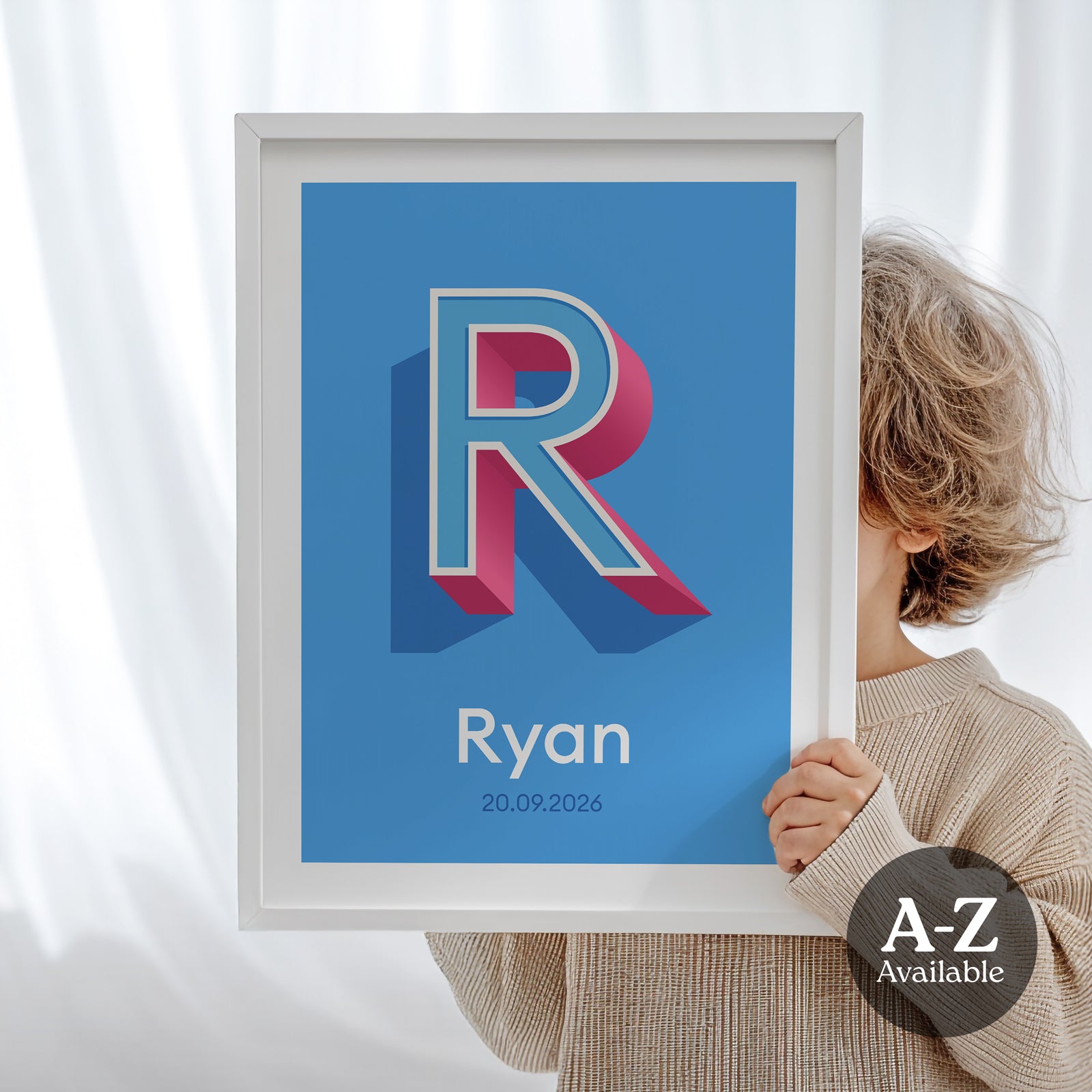 A personalised name and date print from Alf and Bet with a Azure Blue base colour and 3D letter with Sky Blue infill and Deep Pink shadow.