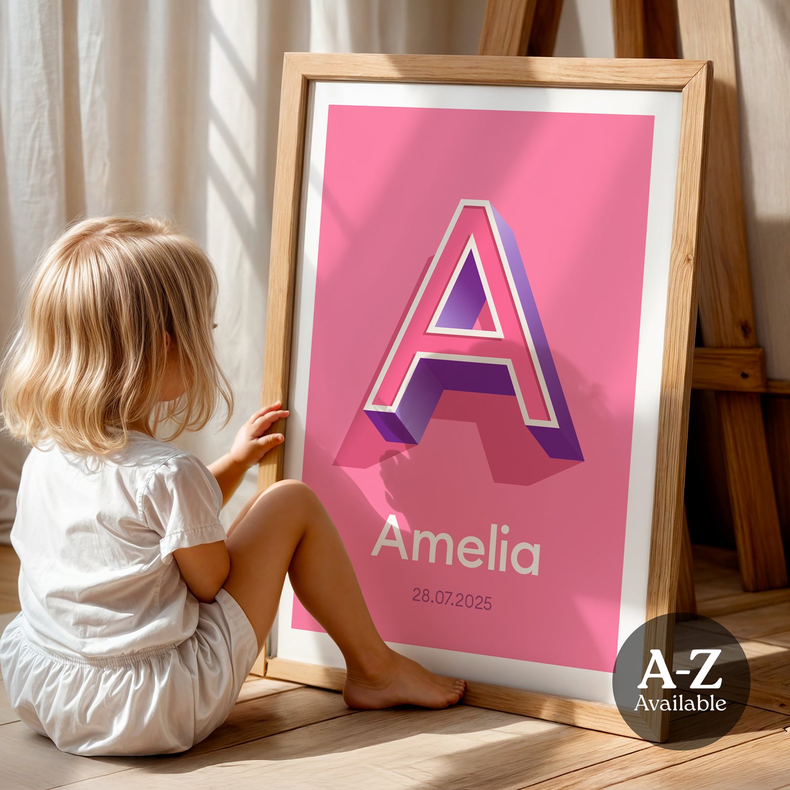 A personalised name and date print from Alf and Bet with a Candy Pink base colour and 3D letter with Pink infill and contrasting Purple shadow.