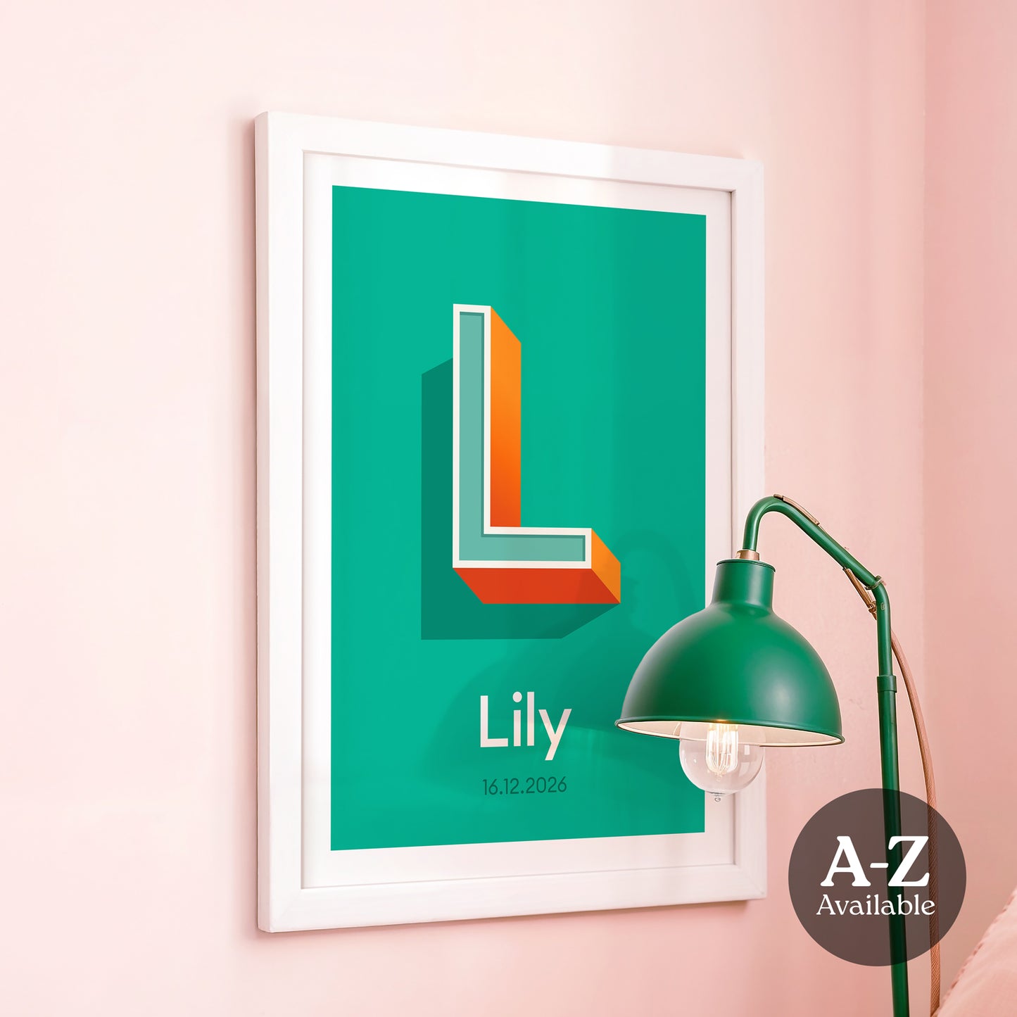 A personalised name and date print from Alf and Bet with an Emerald Green base colour and 3D letter with light Green infill and contrasting Orange shadow.