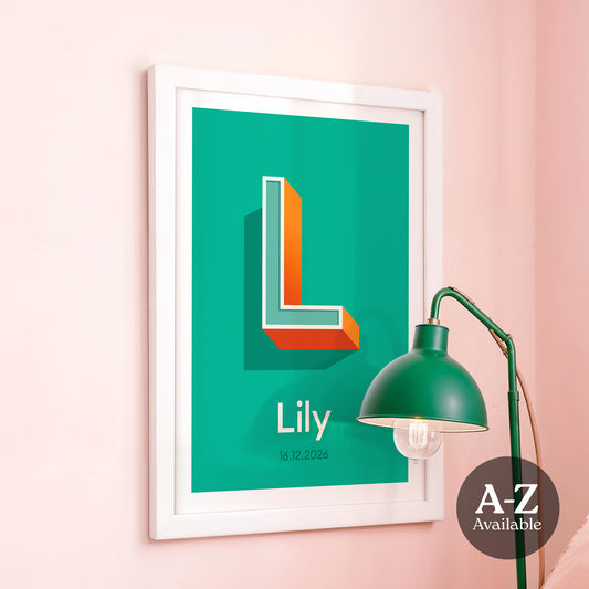 A personalised name and date print from Alf and Bet with an Emerald Green base colour and 3D letter with light Green infill and contrasting Orange shadow.