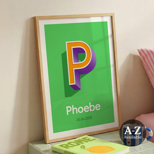 A personalised name and date print from Alf and Bet with a Light Green base colour and 3D letter with Warm Yellow infill and contrasting Purple shadow.