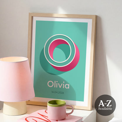 A personalised name and date print from Alf and Bet with a Mint Green base colour and 3D letter with Mint Green infill and contrasting Deep Pink shadow.