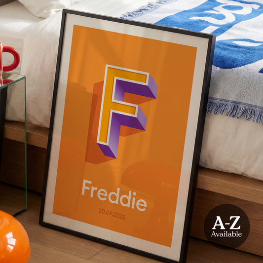 A personalised name and date print from Alf and Bet with a Bright Orange base colour and 3D letter with Light Orange infill and contrasting Purple shadow.