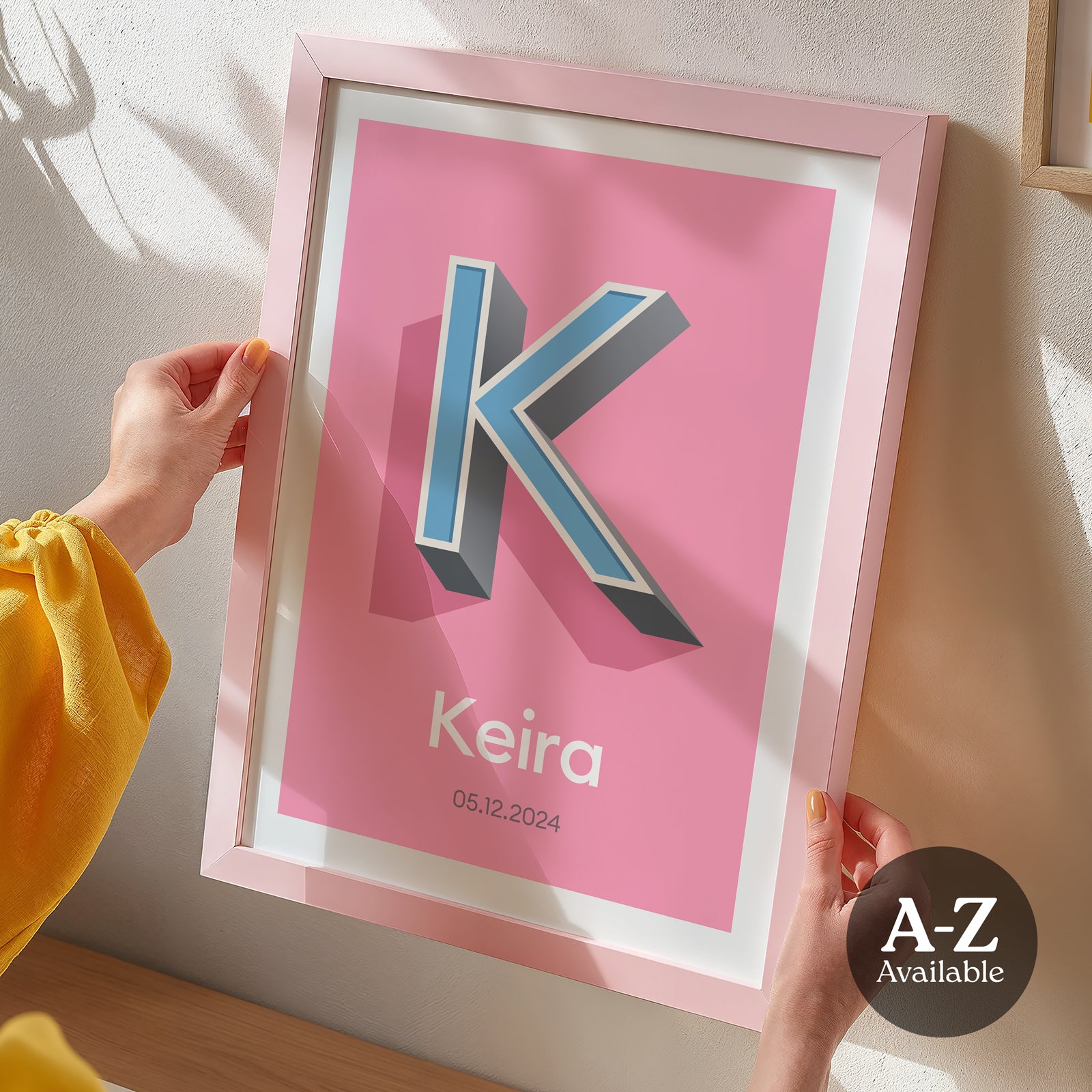 A personalised Name and Date Print from Alf and Bet with a 3D letter with a Sky Blue infill letter and contrasting Cool Grey shadow.