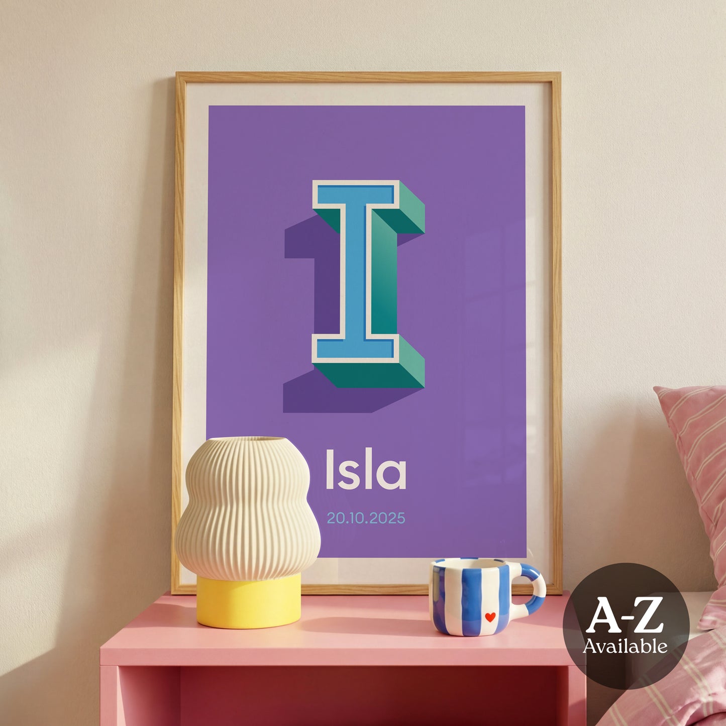 A personalised name and date print from Alf and Bet with a Purple base colour and 3D letter with Sky Blue and contrasting Turquoise shadow.