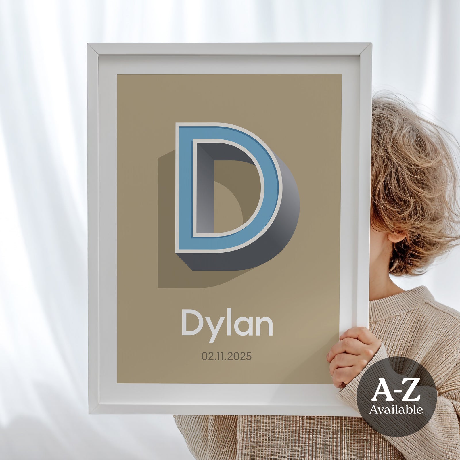 A personalised name and date print from Alf and Bet in Stone colour with a 3D Letter with a Sky Blue infill and contrasting Cool Grey shadow.